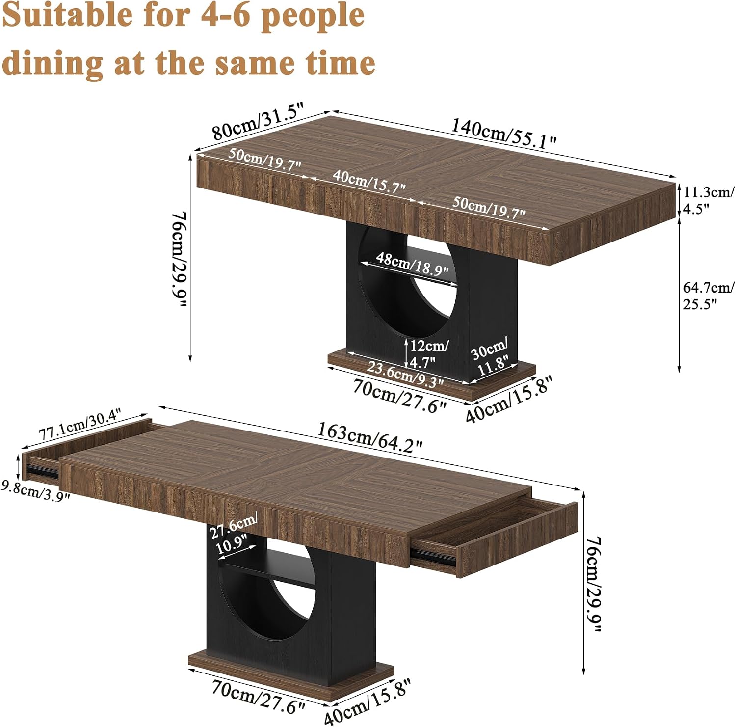 Dining Table for 4-6 People, 55 Inches Dinner Table with Drawers and Open Storage, Wooden Pedestal Base, Rectangular Farmhouse Kitchen Table for Kitchen, Living Room