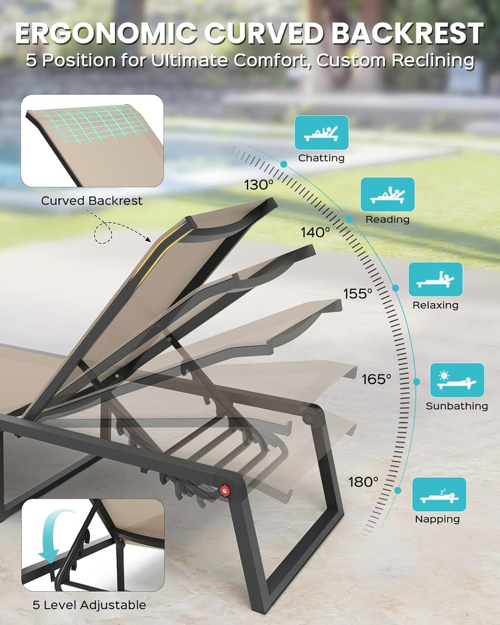 Aluminum Chaise Lounge Chair Outdoor, Foldable& No Assembly Patio Pool Lounge Chairs 5-Position Recliner for Outside, Fully Grounded Legs Sun Lounger for Poolside, Khaki, 2 Pack