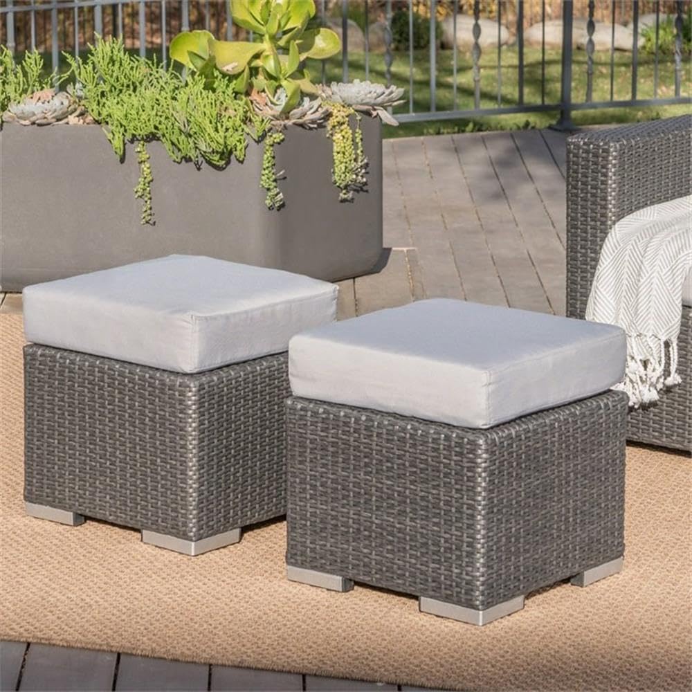 Great Deal Furniture Noble House Santa Rosa 16" Grey Wicker Ottoman Seat w/Silver Cushion (Set of 2)