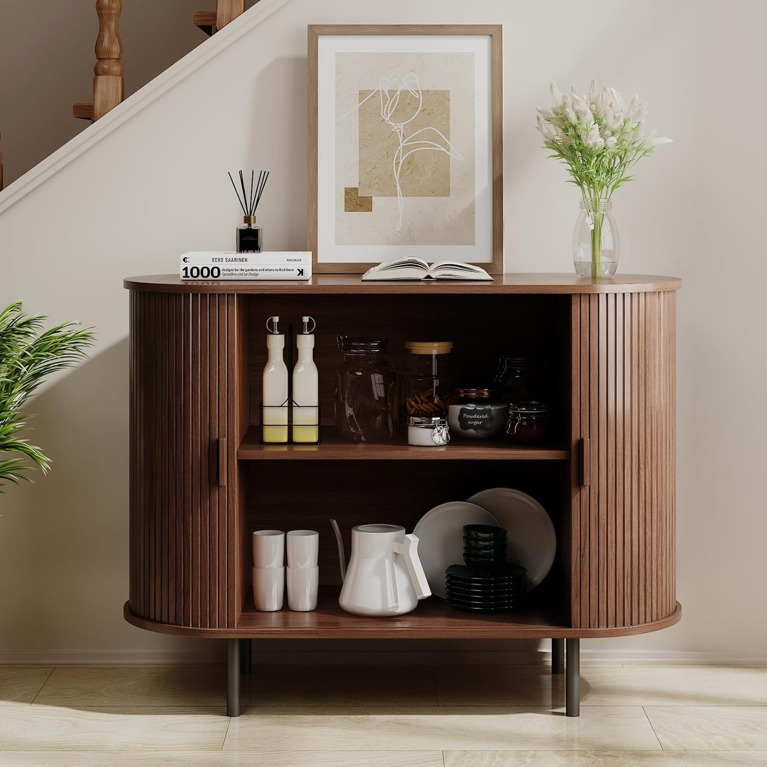 Buffet Sideboard Cabinet with Fluted Sliding Door, 40" Storage Console Table with Adjustable Shelf for Kitchen, Entryway, or Living Room, Modern Accent Coffee Bar, Walnut