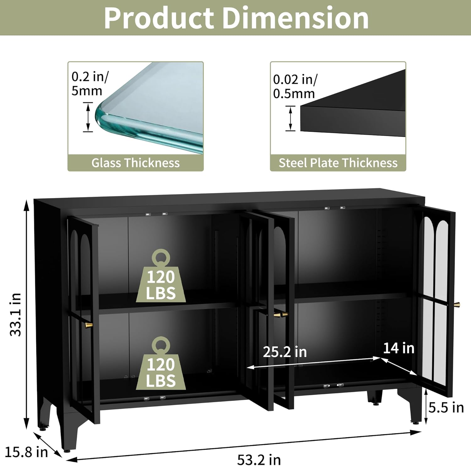 Foreate Sideboard Buffet Cabinet with Glass Door & LED Light, 53.2" Large Buffet Cabinet with Storage & Adjustable Shelf, Farmhouse Sideboard Credenzas Metal Kitchen Buffet, Black