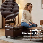 Leather Storage Bench for Living Room, End of Bed Bench with Storage, Large Upholstered Ottoman Benches Entryway Bench with Button-Tufted Shoe Cabinet Ottoman for Dining Room, Hallway, Brown