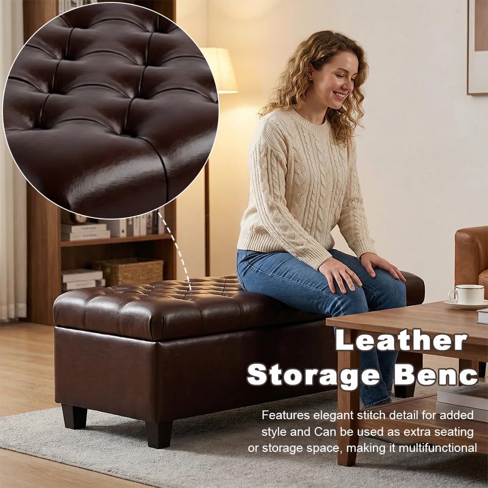 Leather Storage Bench for Living Room, End of Bed Bench with Storage, Large Upholstered Ottoman Benches Entryway Bench with Button-Tufted Shoe Cabinet Ottoman for Dining Room, Hallway, Brown