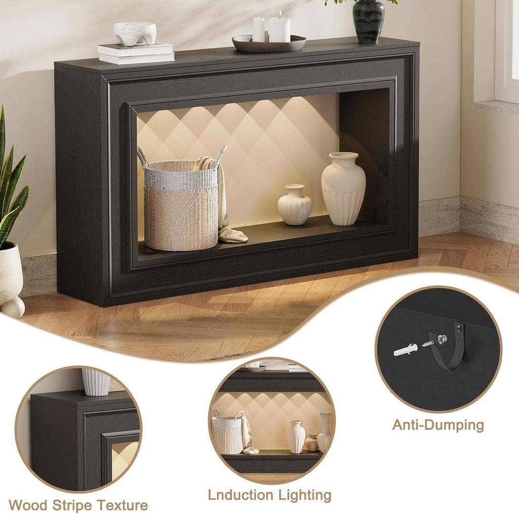Rresyet 55" Long Console Tables with LED Lights, Narrow Console Tables for Entryway, 2-Tier Table Behind The Sofa, Modern Hallway Accent Table for Living Rooms, Corridors, and Foyers (Black)