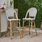 Saiveina 29.5" Outdoor PE Rattan French Barstool, White and Black, Aluminum Frame with Bamboo Finish (Set of 2)