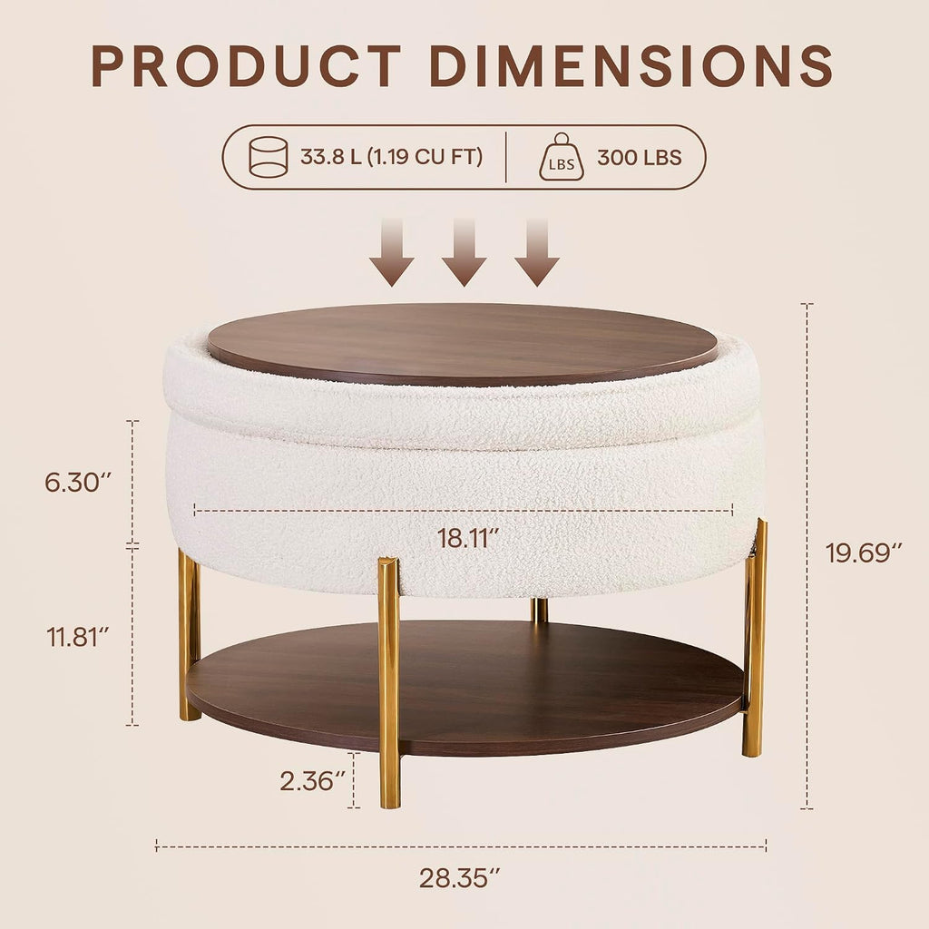 28.5 Inch Round Coffee Table Ottoman with Storgae, Modern Large Upholstered Circle Storgae Ottoman with Removable Lid Top and Metal Legs for Living Room, Bedroom, Teddy Fleece Beige