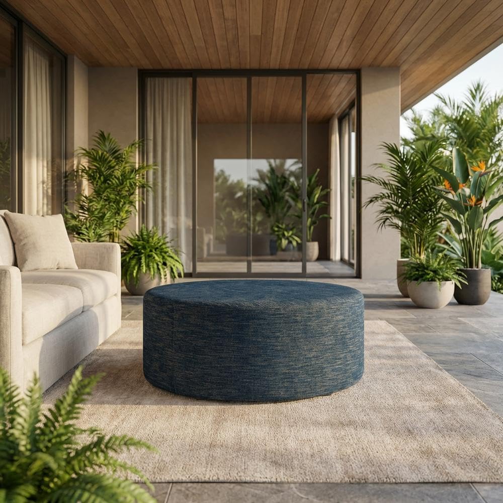 Blue Round Woven Fabric Upholstered Ottoman, 38 Inches, Lightweight, Stylish Outdoor Furniture for Patio, Garden, Balcony