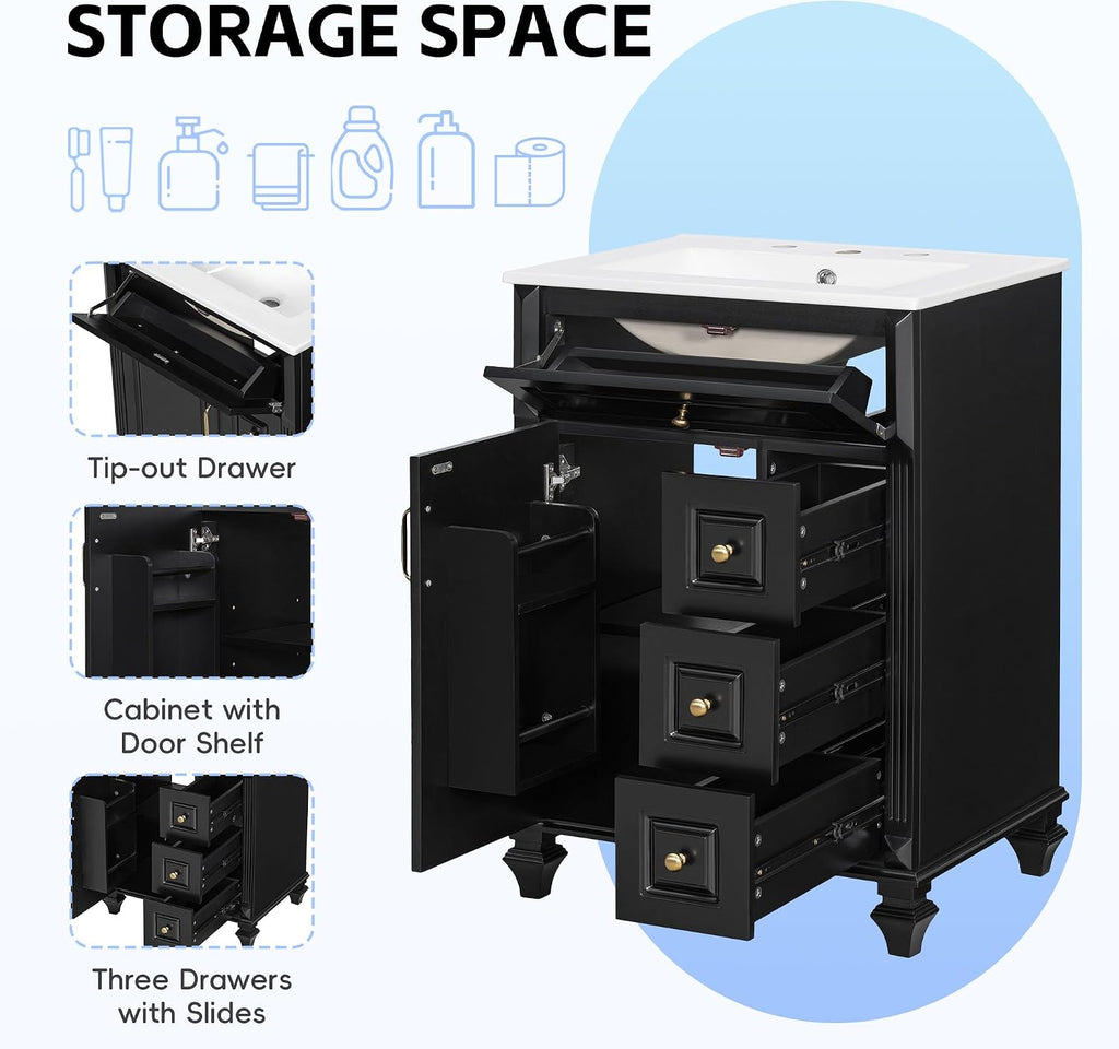 JIVOIT 24 Inch Bathroom Vanity with Ceramic Sink Top, Solid Wood & MDF Vanity Cabinet with Flip-Out Drawer, 3 Drawers & Storage Cabinet, Adjustable Shelf, Door-Mounted Storage Rack (Black-33)
