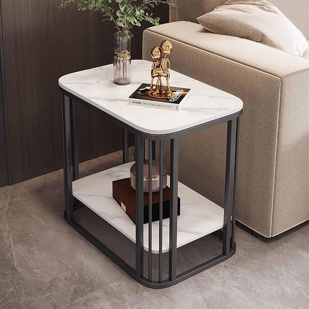 BK&MF Modern Small End Table with Metal Frame,Mobile 2 Tier Sofa Table Living Room Accent Table Narrow Bedside Storage Shelf for Bedroom, Small Spaces,D,80x40x55cm(31x16x22inch)