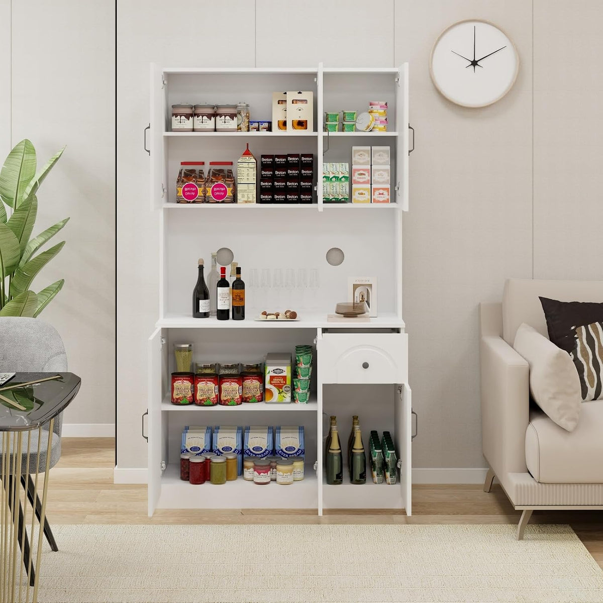 White 71" Kitchen Pantry Storage Cabinet, Freestanding Floor Hutch Cabinet with 6 Doors 1 Drawer, Storage Organizer for Kitchen Living Dining Room Food Cutlery Small Appliances