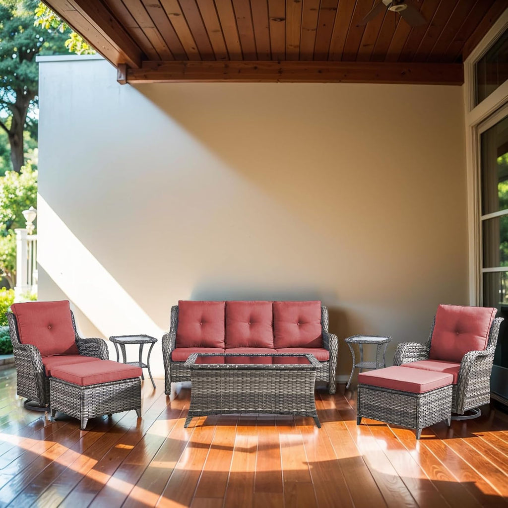 Outdoor Furniture Set：8 PCS Patio Furniture Set with Outdoor Swivel Rocker Patio Chairs, Grey/Red