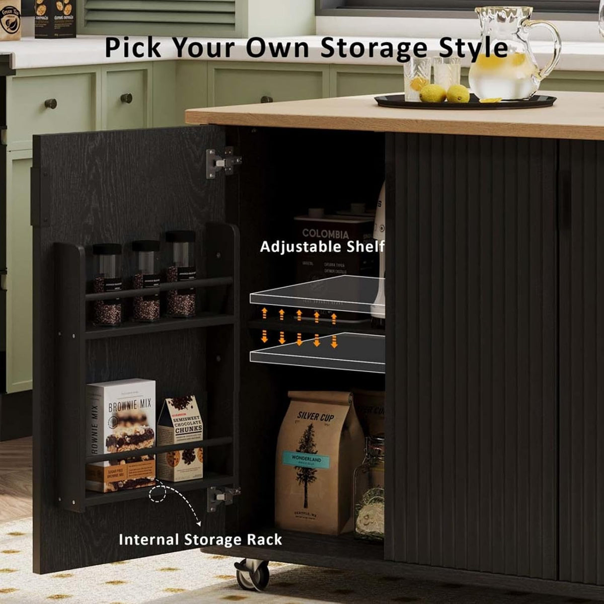 Floating Island Kitchen with Drop Leaf Countertop Internal Storage Rack, Kitchen Island with Storage with Wheels Towel Rack， for Kitchen, Dining Room, Black