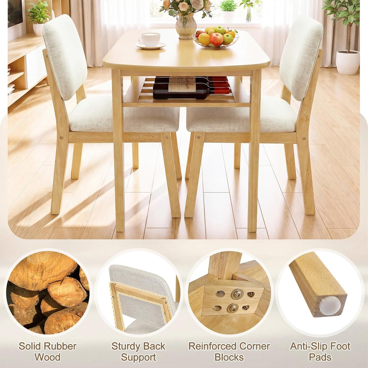 Giantex Dining Table Set for 2, Space Saving Kitchen Table and Chairs Set w/Rubber Wood Frame, Storage Rack, Padded Seats & Backrests, Dinette Set for Small Space, Apartment, Dining Room, Natural
