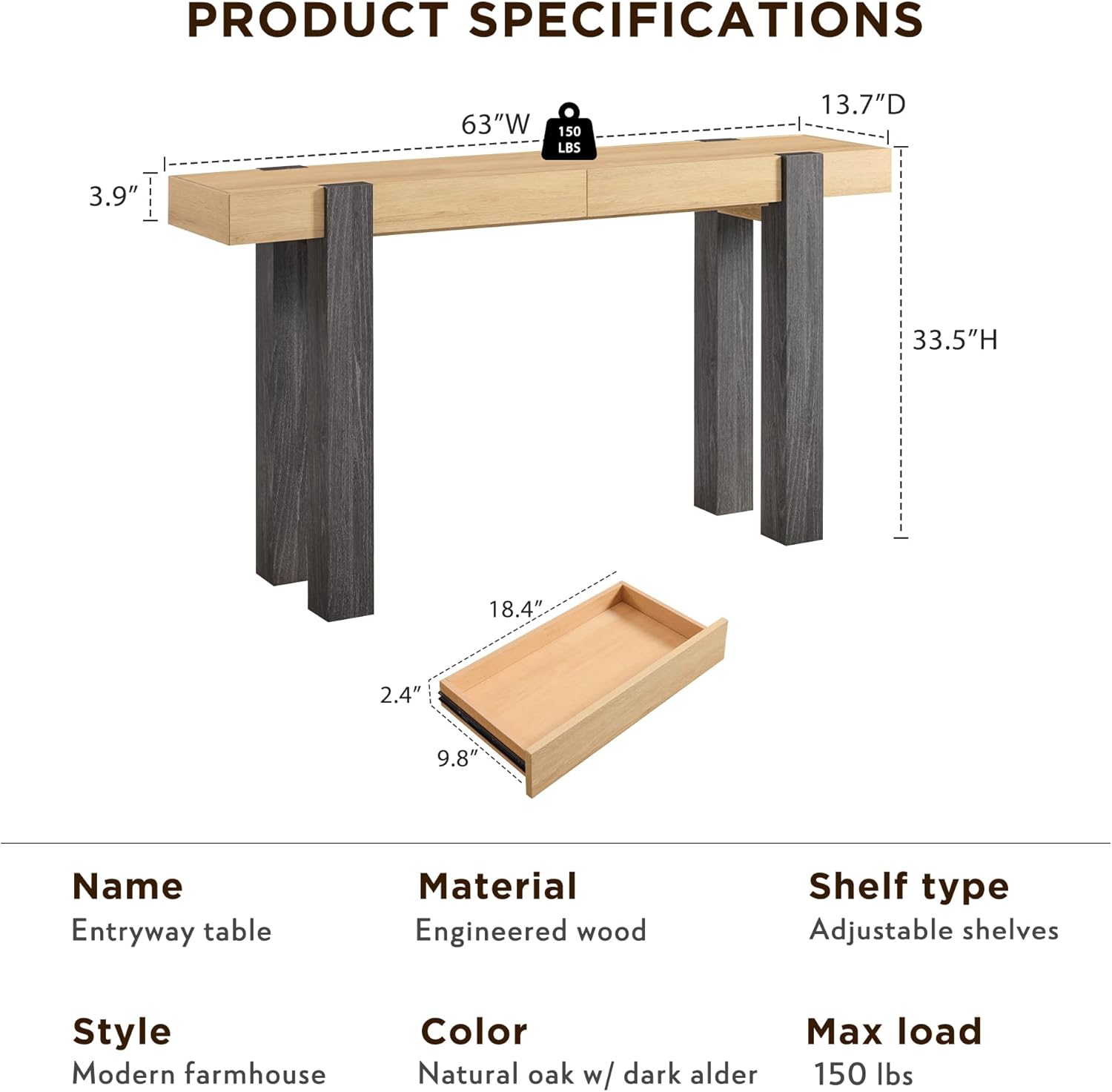 OKD Modern Farmhouse Entryway Table with 2 Drawers, 63" Wooden Console Table with Storage for Hallway, Behind Sofa, Living Room, Natural Oak with Dark Alder