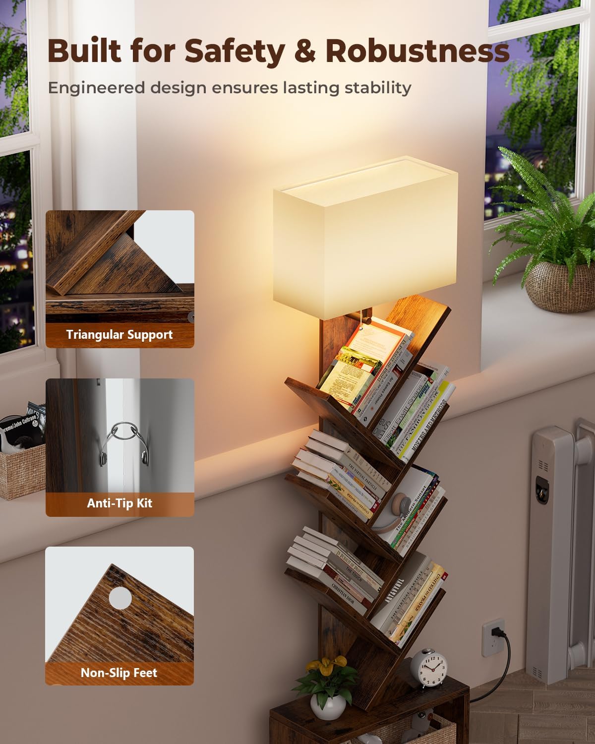 Evermagin 6 Tier Tree Bookshelf with Light, Bookcase, Rustic Brown | Narrow Tower Design, Storage Cabinet for Book Organization, Tall Floor Standing Use, Living Room, Bedroom and Home Office