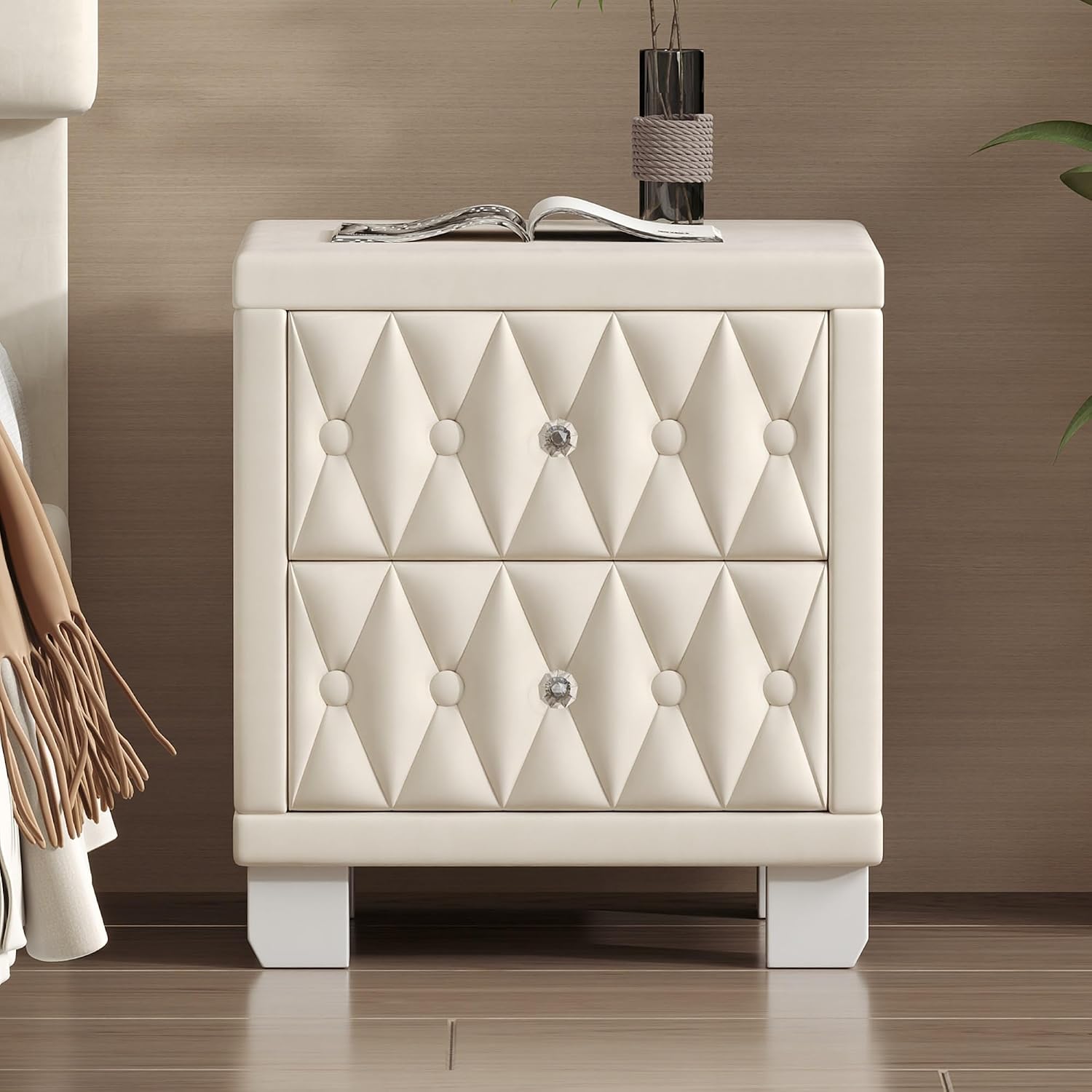 Elegant Velvet Nightstand with 2 Drawers and Crystal Handle, Storage Bedside Table with Button-Tufted,for Small Spaces