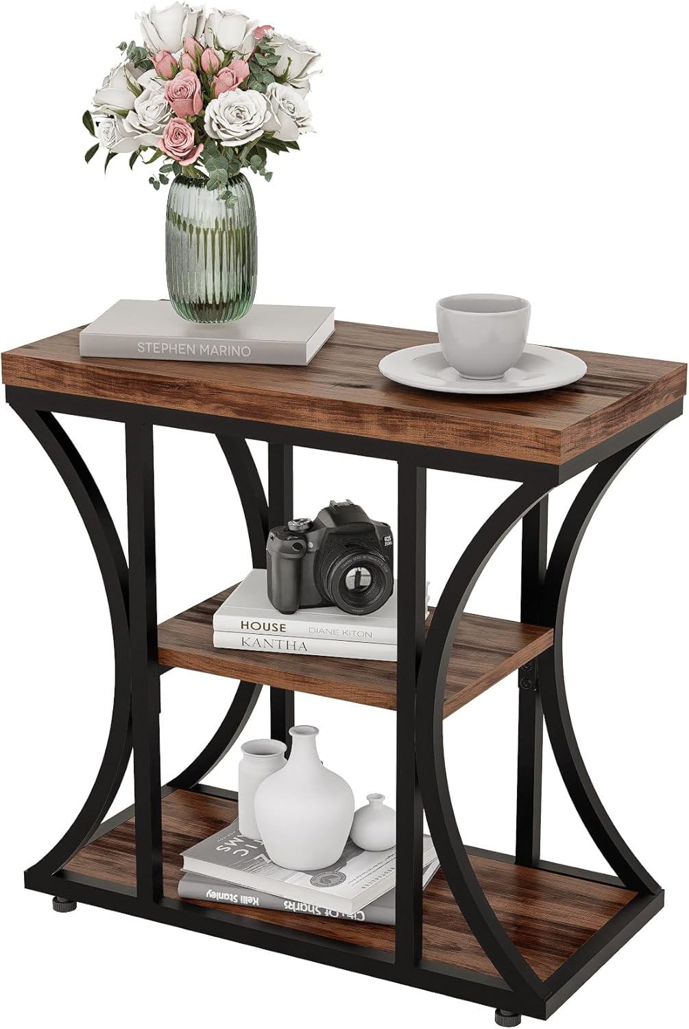 3 Tier End Table with Storage, Narrow End Table for Living Room and Bedroom, Small Space Wood and Metal Side Table, Rustic Brown