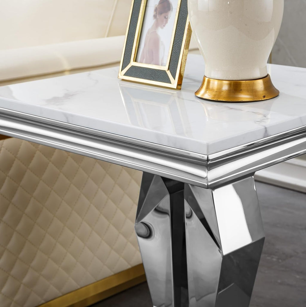 23in Faux Marble End Table w/Y Stainless Steel Base, Night Stand Square End Table for Living Room Modern White and Silver Sofa Side Table witn High Glossy White Square Accent Table Bedside Table