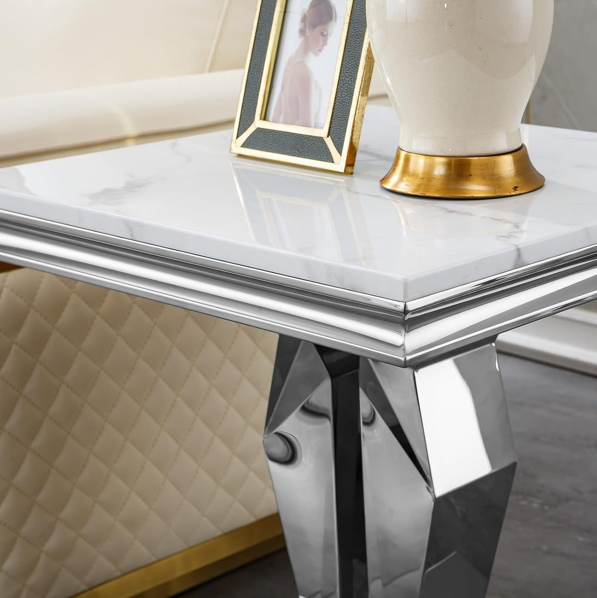 23in Faux Marble End Table w/Y Stainless Steel Base, Night Stand Square End Table for Living Room Modern White and Silver Sofa Side Table witn High Glossy White Square Accent Table Bedside Table
