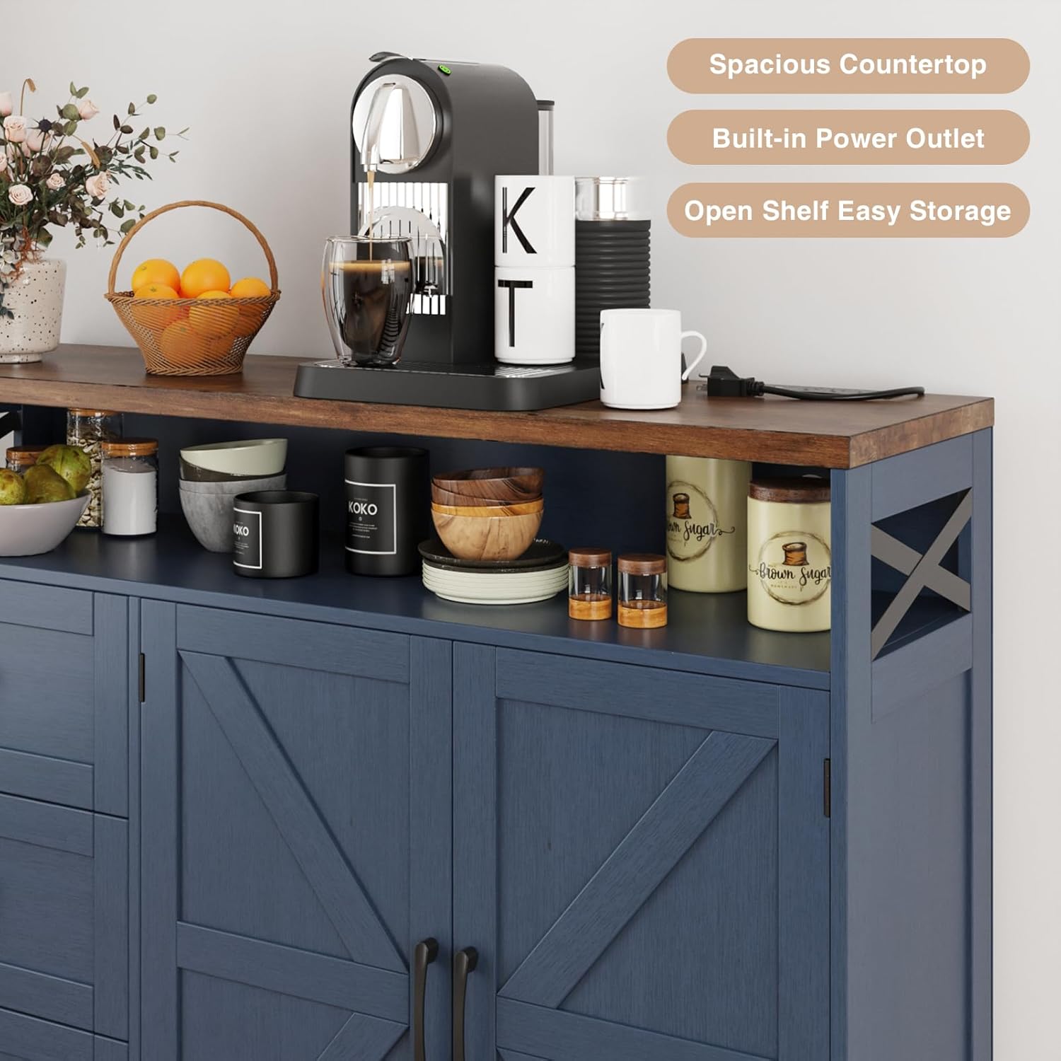 Befrases Farmhouse Buffet Cabinet with Drawers & Open Shelf, Sideboard with Storage, Kitchen Pantry Cabinet Hutch, Coffee Bar Station for Kitchen, Livingroom, 47" L Blue