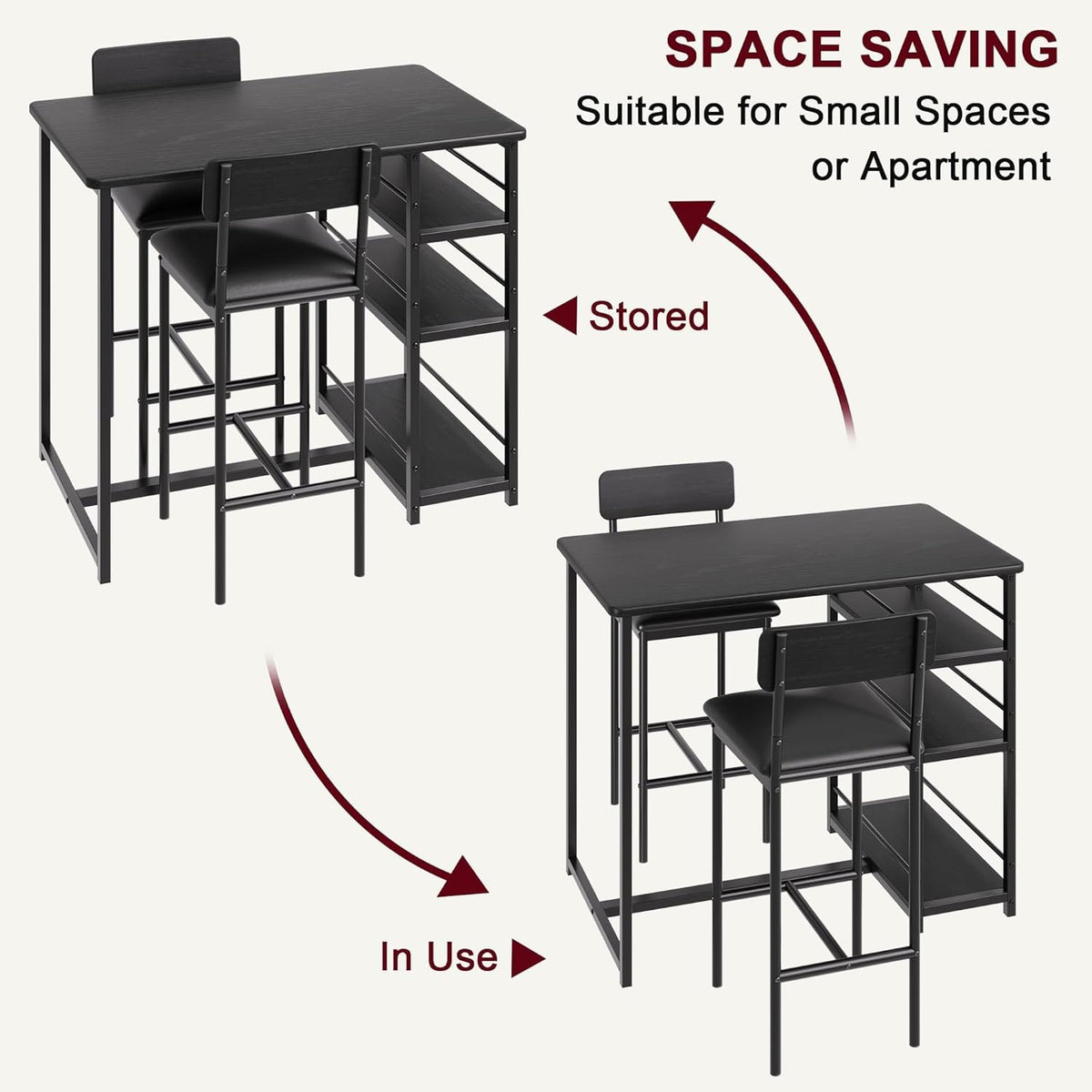 Bar Table and Chair Set with Three Shelves Small 2-Person Dining Table with 2 upholstered stools with backrests Suitable for Restaurants and bistros -Black