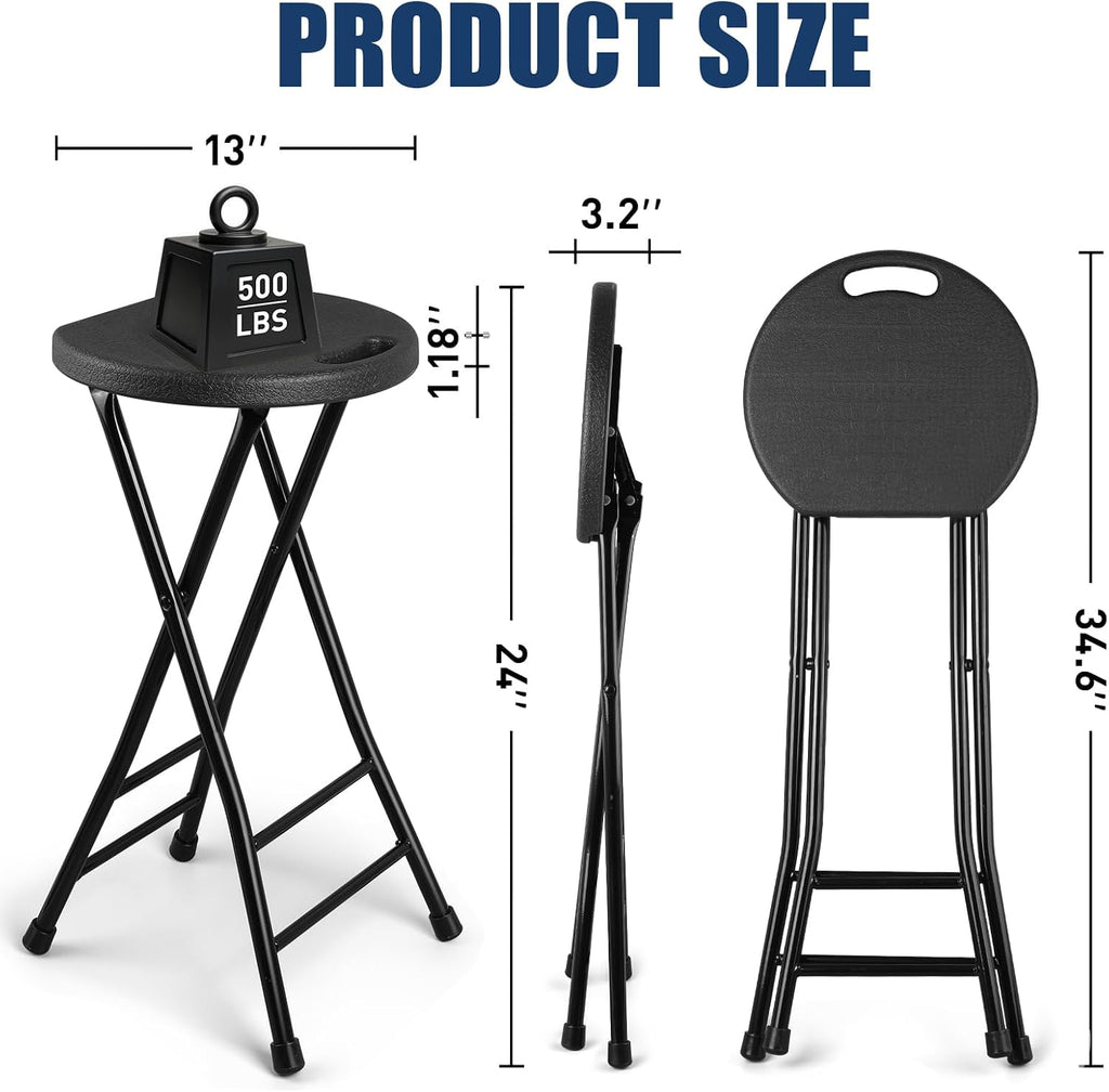 Folding Stool, Black 24 Inch Foldable Bar Stool with Handle | Folding Extra Seat, 500 lbs Capacity, Space-Saving, for Kitchen Island, Counter, Guitar, RV Travel, Camping, Party (1 Pack)