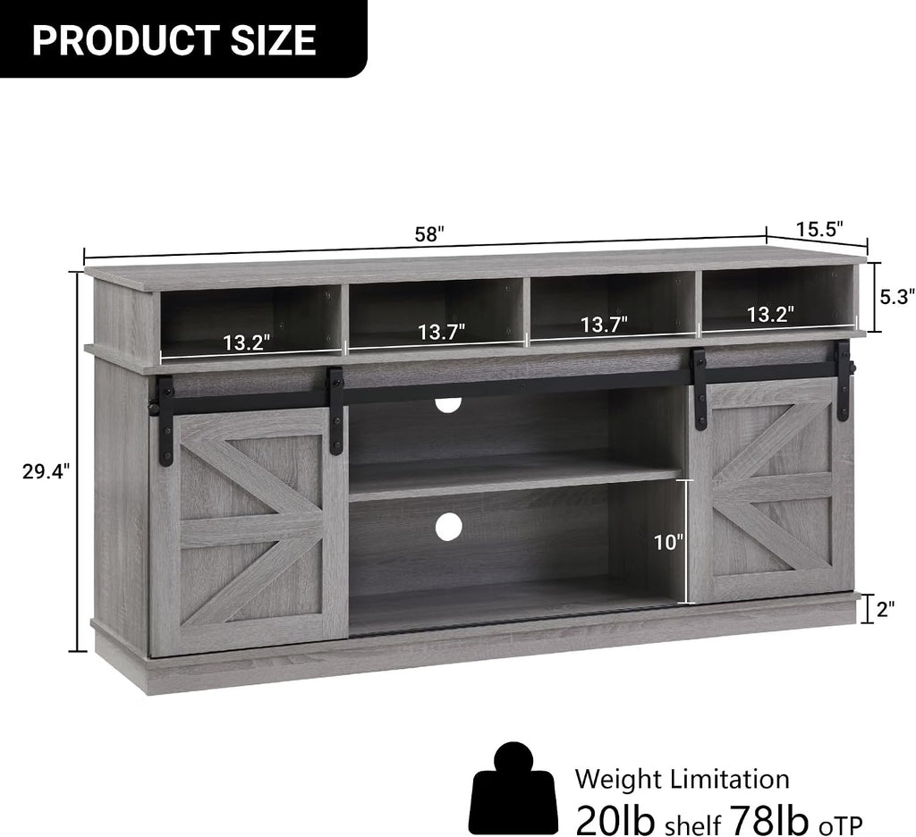 TV Stand Sliding Barn Door Modern&Farmhouse Wood Entertainment Center, Storage Cabinet Table Living Room with Adjustable Shelves for TVs Up to 65" (Gray, Farmhouse with Open Shelf)