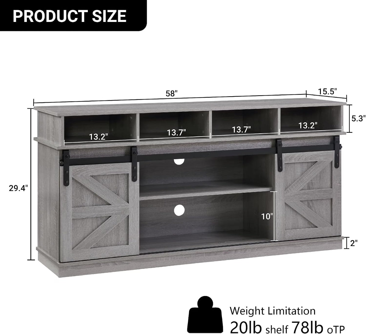 TV Stand Sliding Barn Door Modern&Farmhouse Wood Entertainment Center, Storage Cabinet Table Living Room with Adjustable Shelves for TVs Up to 65" (Gray, Farmhouse with Open Shelf)
