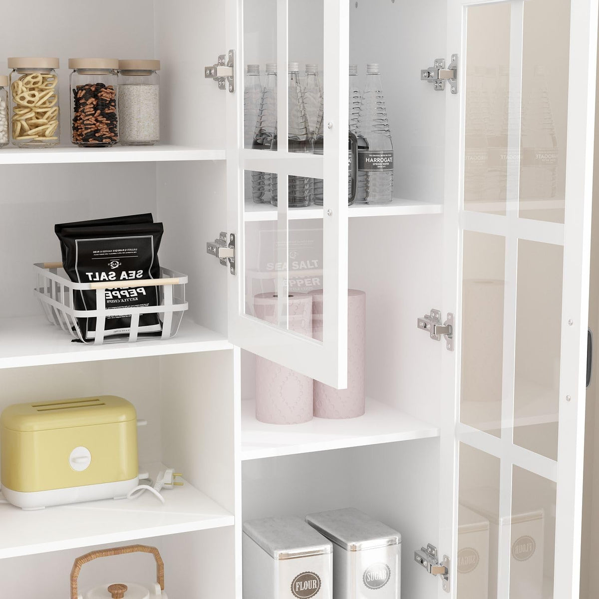 MOUMON Large Kitchen Hutch Storage Cabinet with Adjustable Shelves & Glass Doors, Pantry Organization and Kitchen Storage with Drawers, White (63”W x 15.7”D x 78.7”H)