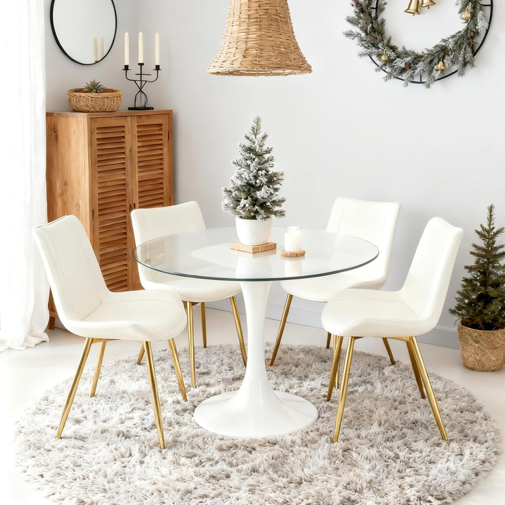 Dining Chairs Set of 2 PU Leather Armless Pearl White, Gold Legs | Fits Dining Rooms, Kitchens, Waiting room, Living rooms, Offices & Cafes, Easy to Clean Easy to assemble Adjustable Foot Pads