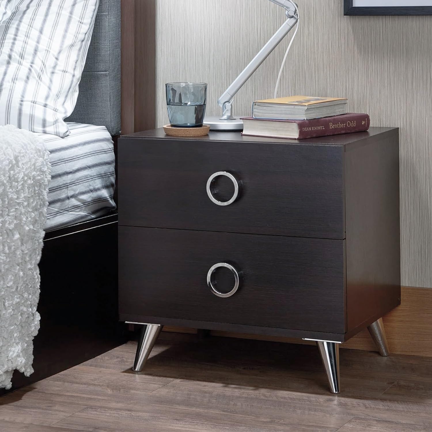 2 Drawers MDF Nightstand with Plastic Legs, Espresso,for Small Spaces