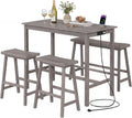 GIANTEX 4-Piece Counter Height Dining Table Set with Power Outlet, Solid Rubber Wood Kitchen Table with Saddle Backless Bench & 2 Stools, Space-Saving Bar Table Set for Breakfast Nook (Gray)