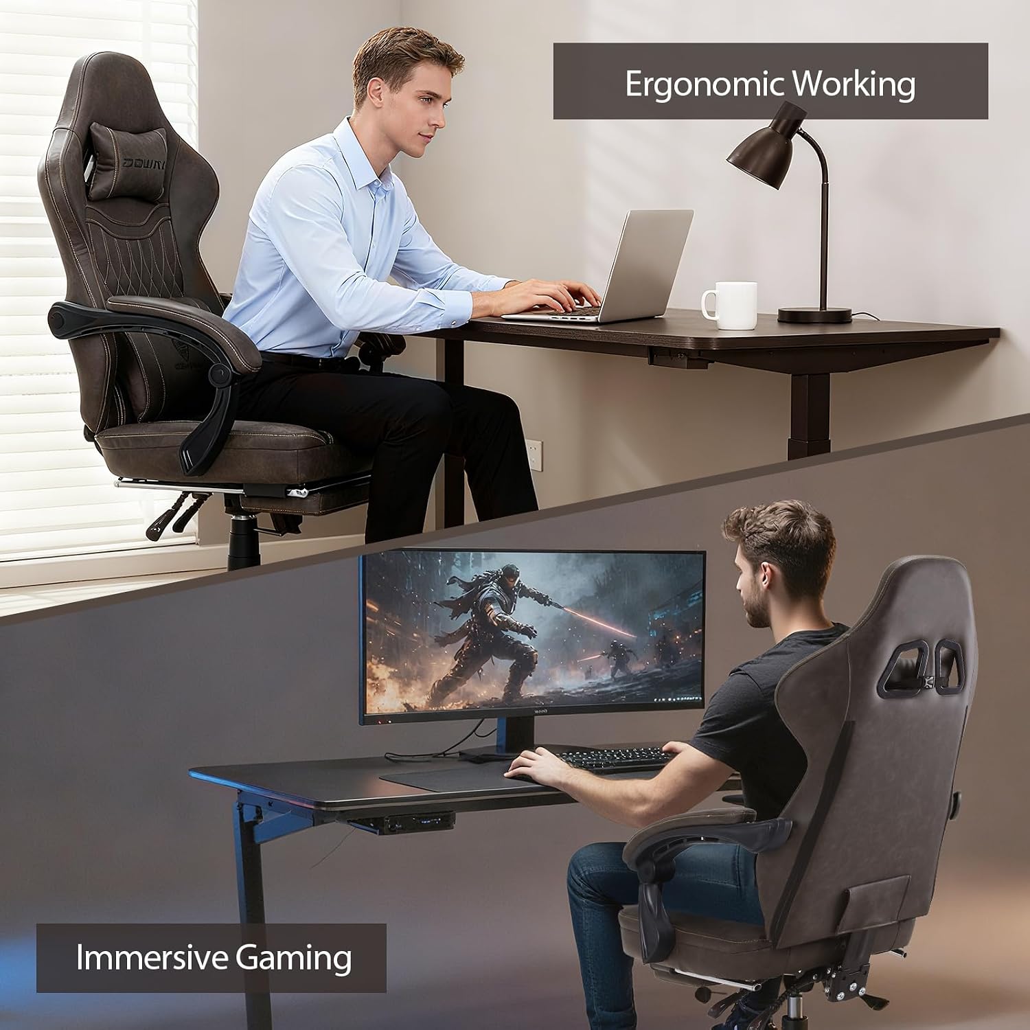 Dowinx Gaming Chair Breathable PU Leather Gamer Chair with Footrest Massage Lumbar Support, Big and Tall Ergonomic Reclining Computer Chair with Pocket Spring Cushion for Adults Teens (Brown)