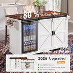 Merax 72" L White Rolling Kitchen Island with Fridge Storage Space | Coffee Bar Cabinet Kitchen Table on Wheels with Drop Leaf, 4 Drawers, Sliding Barn Door and Glass Holder