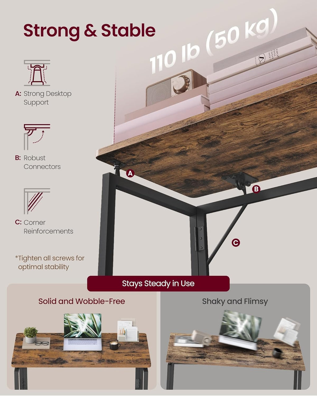 VASAGLE Folding Desk, Small Computer Desk, Foldable Table 31.5 Inch | One-Piece Desktop,Folding Table for Bedroom, Balcony, Camping, Easy Assembly, Rustic Brown, ULWD151KD01