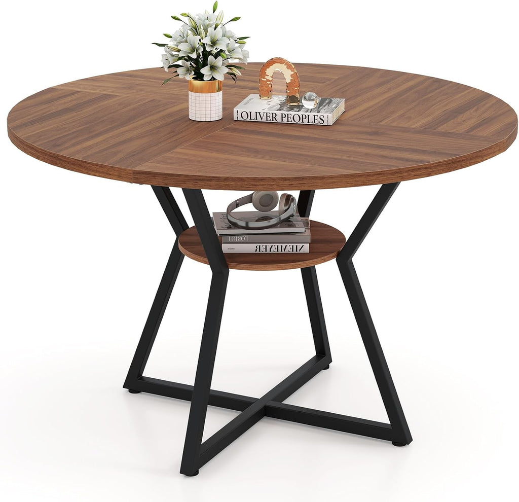 Giantex 47-inches Round Dining Table for 4, Kitchen Table with Storage Shelf, Wood Grain Tabletop, X-Shaped Metal Base, Adjustable Foot Pads, Circle Dinner Tables for Dinette, Living Room