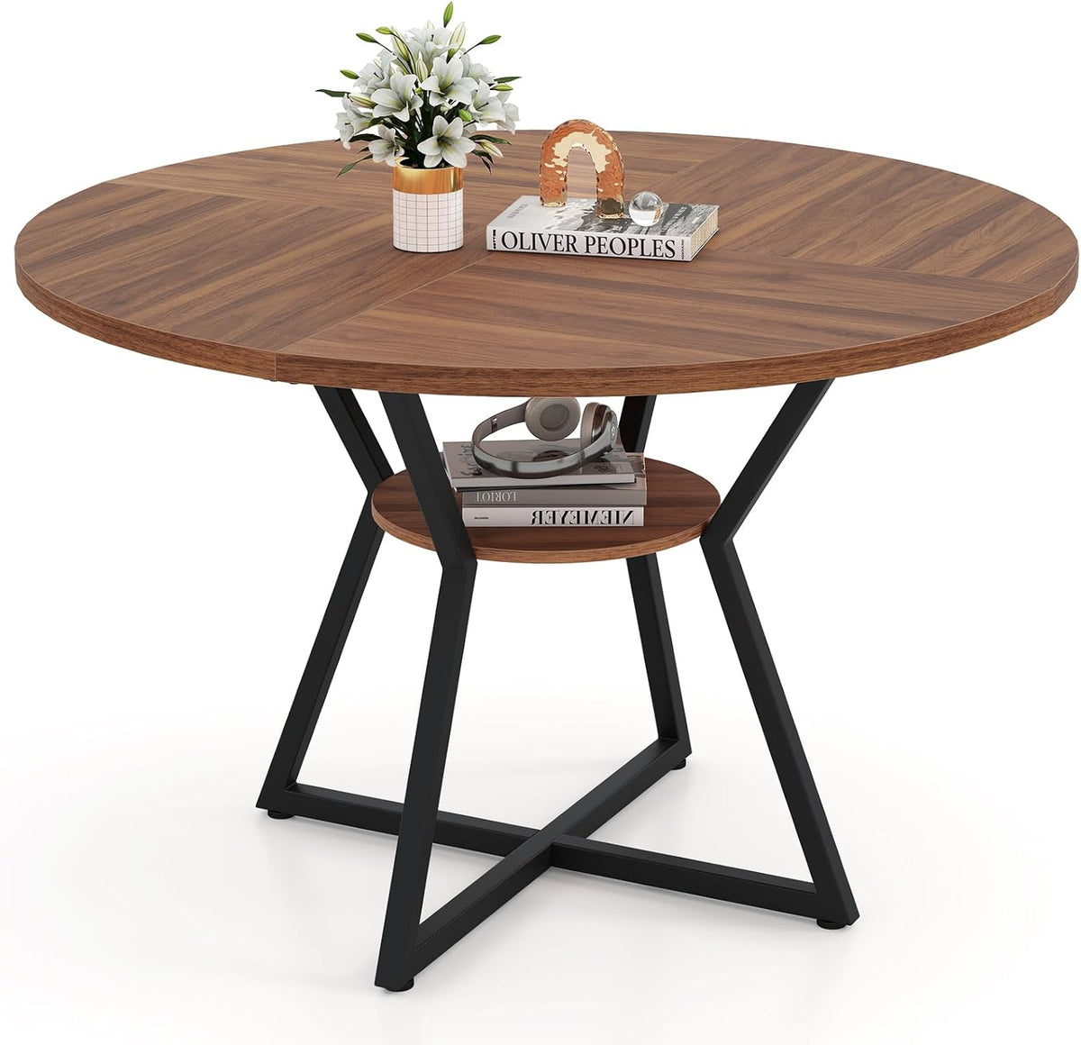 Giantex 47-inches Round Dining Table for 4, Kitchen Table with Storage Shelf, Wood Grain Tabletop, X-Shaped Metal Base, Adjustable Foot Pads, Circle Dinner Tables for Dinette, Living Room