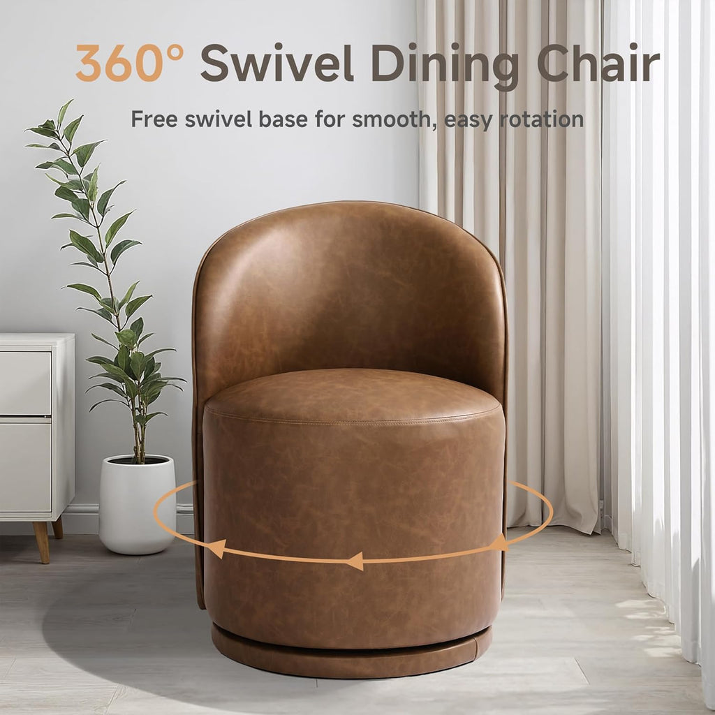 Swivel Barrel Dining Chairs, Faux Leather Upholstered Round Dining Chairs, 360° Swivel Vanity Chair Comfy Armless Accent Makeup Chair for Dining/Living Room Makeup Room, Brown