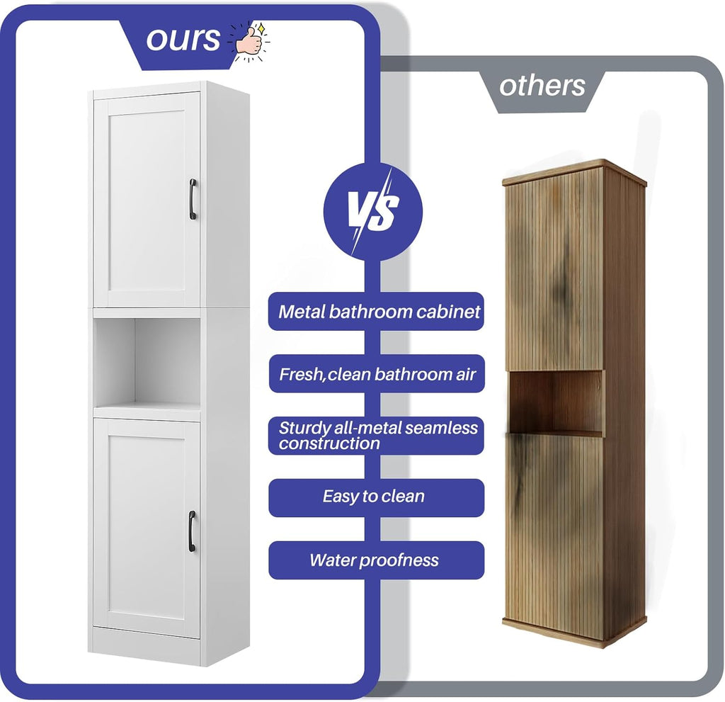 67" Tall Slim Pantry Cabinet, Narrow Bathroom Storage Cabinet | Metal Skinny Cabinet with Door and Adjustable Shelves, for Small Spaces, Kitchen, Bathroom, Laundry Room, Living Room, White