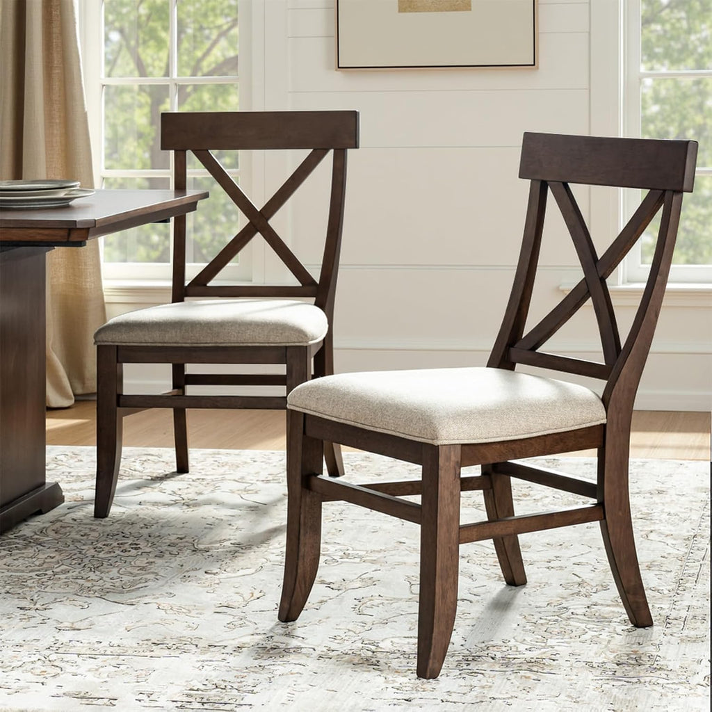 Farmhouse Upholstered Dining Chairs Set of 2, Walnut | Wooden Kitchen Chairs with Solid Wood Legs, Soft Cushion, Cross-Back Design, for Living Room Dining Room