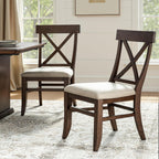Farmhouse Upholstered Dining Chairs Set of 2, Walnut | Wooden Kitchen Chairs with Solid Wood Legs, Soft Cushion, Cross-Back Design, for Living Room Dining Room