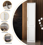 Slim Wardrobe Armoire with Clothing Rod and Storage Shelves, Narrow 2-Door Armoire Closet with Gold Handles, Shaker Style Tall Corner Clothing Cabinet, White 15.7" W x 19.3" D x 74.8" H