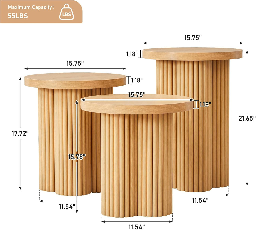 Nesting Coffee Table Set of 3, Fluted Round Nesting Tables Mid Century Modern Coffee Table Boho Wooden Accent End Table Set for Living Room Home Office Small Space