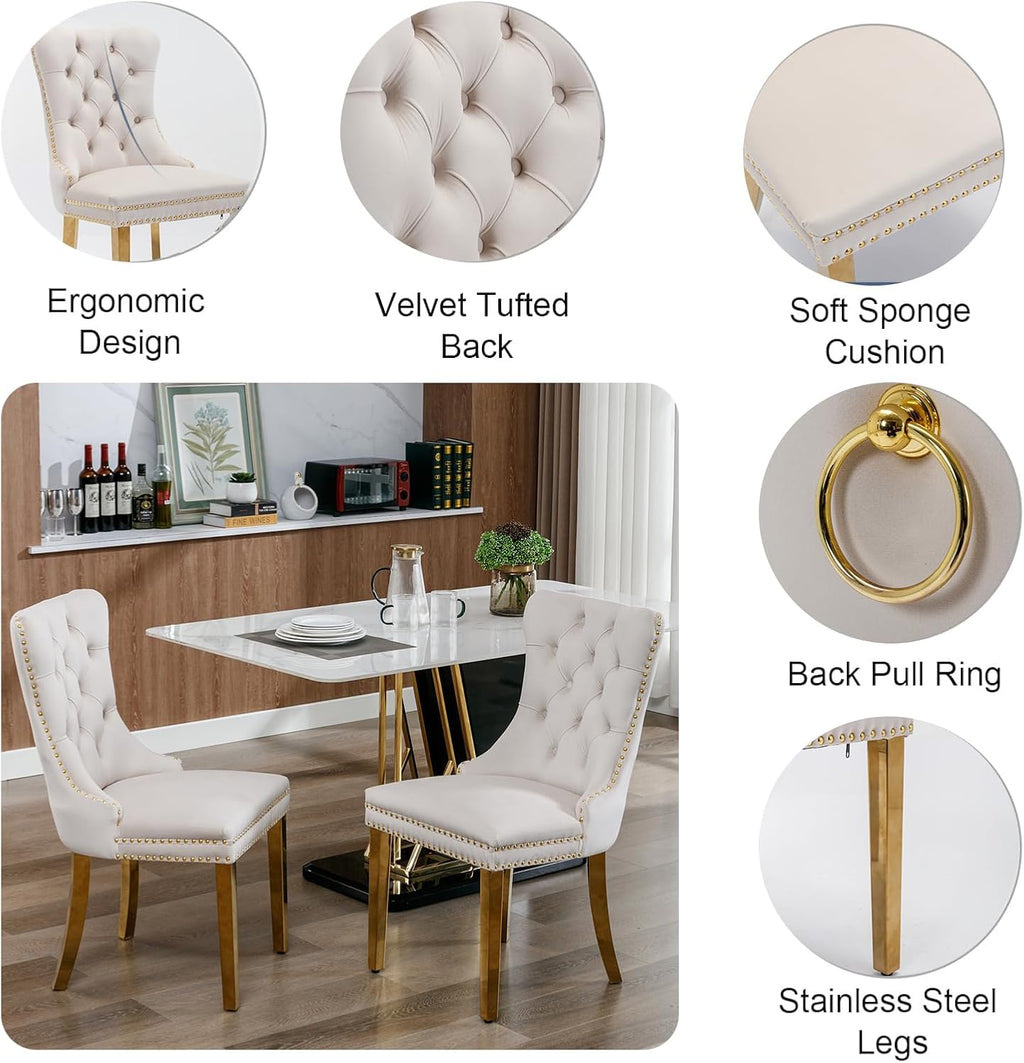 Luxury 7 Piece Dining Set, Modern 68.11" Faux Marble Dining Table with 6 Beige Velvet Dining Chairs, White Kitchen Table Set with Gold Stainless Steel Base, Rectangle Dining Room Table and Chairs Set
