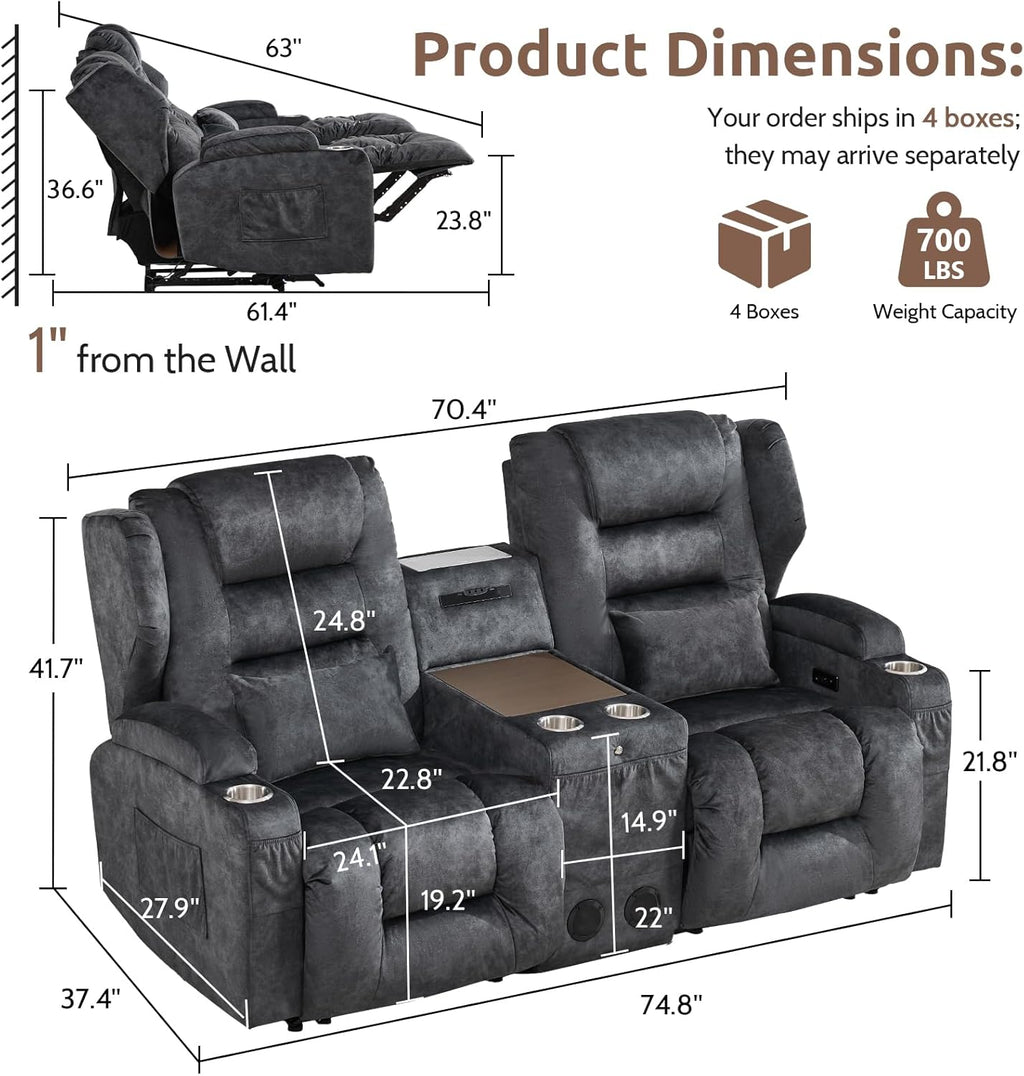 SAMERY Loveseat Recliner Sofa, Power Reclining Loveseat Sofa, Wall Hugger Recliners RV Couch with Console, Lift-Top Table, Rhythm & Ambient LED Lights, USB-C, Outlets, Velvet, Gray