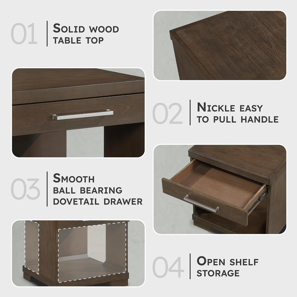 Lexicon Rectangle Wood End Table with Drawer and Lower Open Shelf, Mango Wood Veneer Small Side Table for Contemporary Living Room/Bedroom, Fully Assembled, Espresso