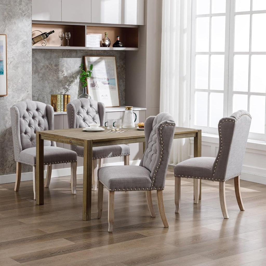 Ya-Home Modern Tufted Dining Chairs Set of 8, Upholstered Kitchen Room Side Chairs Accent Chairs with Wingback Nail Trims Wood Legs, Farmhouse Guest Chairs for Dining Room, Living Room, Linen Grey