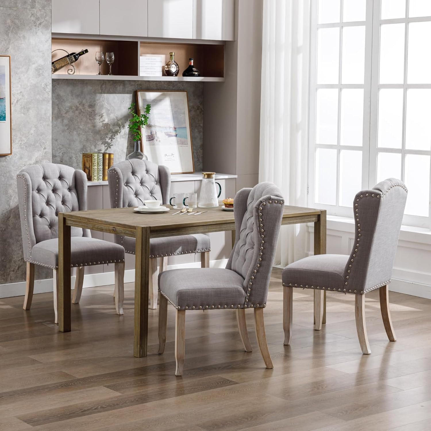 Ya-Home Modern Tufted Dining Chairs Set of 8, Upholstered Kitchen Room Side Chairs Accent Chairs with Wingback Nail Trims Wood Legs, Farmhouse Guest Chairs for Dining Room, Living Room, Linen Grey
