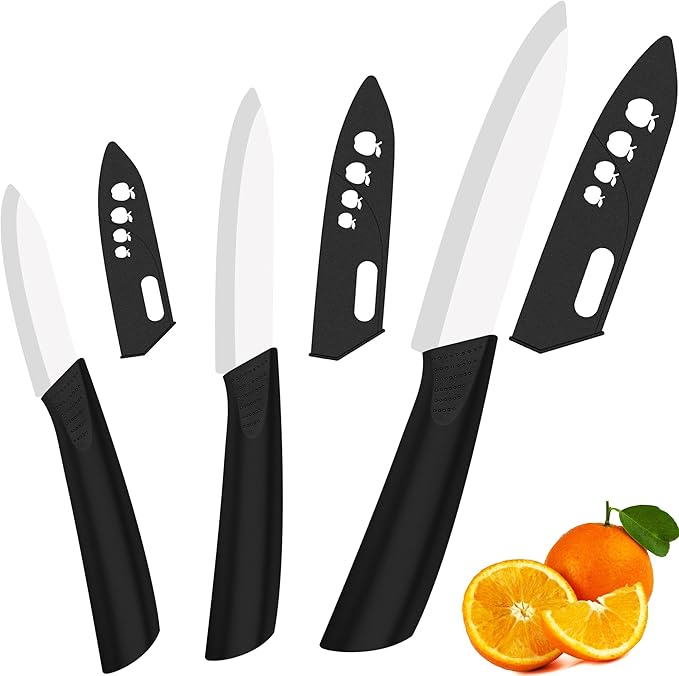 Ceramic Knife Set with Sheaths - Super Sharp Rust Proof Stain Resistant Ceramic Knives Set - Includes 5-inch Utility Knife, 4-inch Fruit Knife, 3-inch Paring Knife