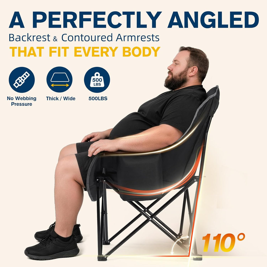 Coldbee Oversized Camping Chairs for Adults - Heavy Duty Padded Folding Lawn Chairs with Cup Holders & Cooler Bag, Comfy Outdoor Chair for Picnic, Beach, Fishing (Black)